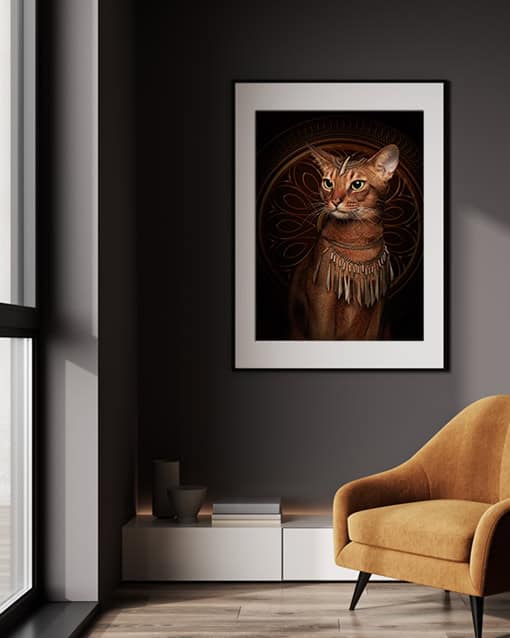 Sensej the Abissino Gatto made into Egyptian custom photography design artwork framed on wall in living room.