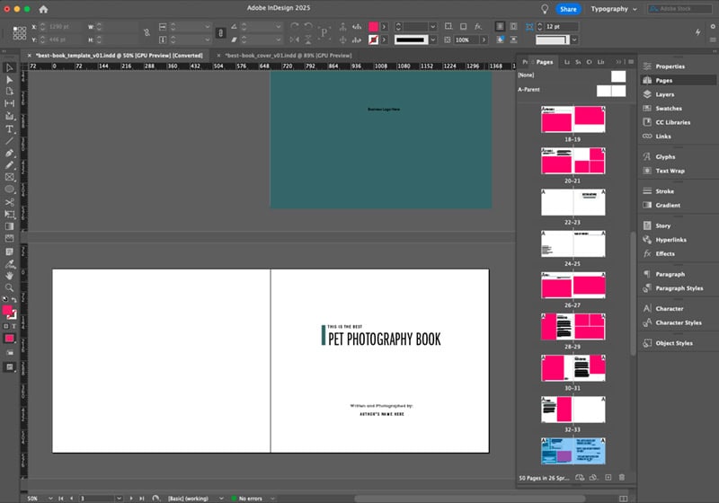 InDesign file showing book template for pet photographers. 